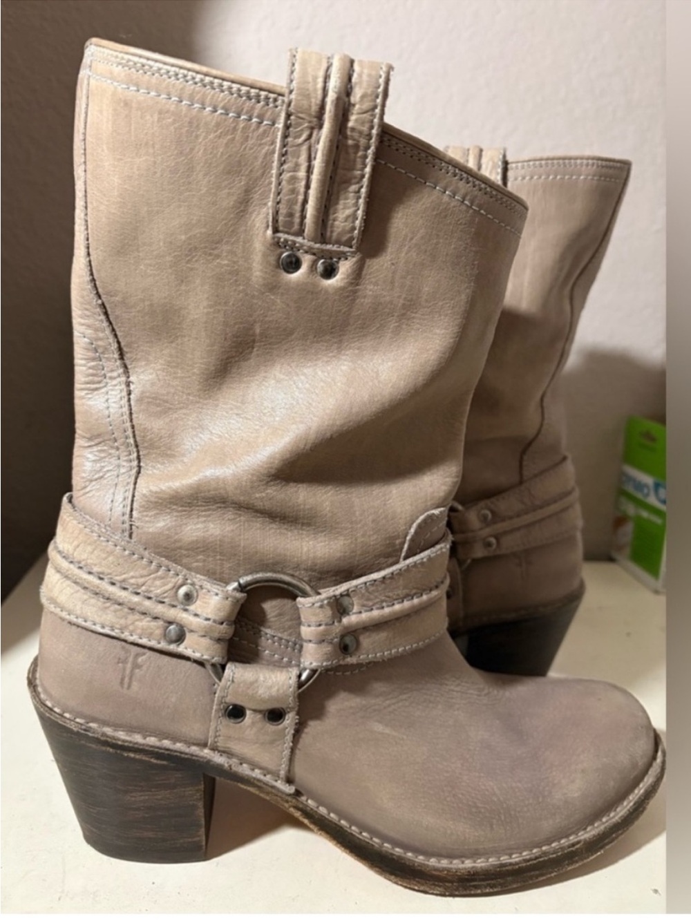 Frye Carmen Taupe Leather Mid-Calf Harness Boots Size 9.5